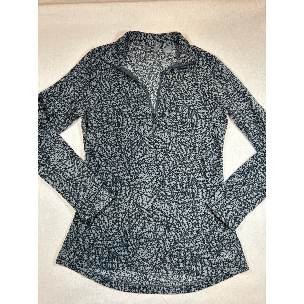 Eddie Bauer Womens Grey Black Botanical Print Quarter Zip Fleece Pullover Small